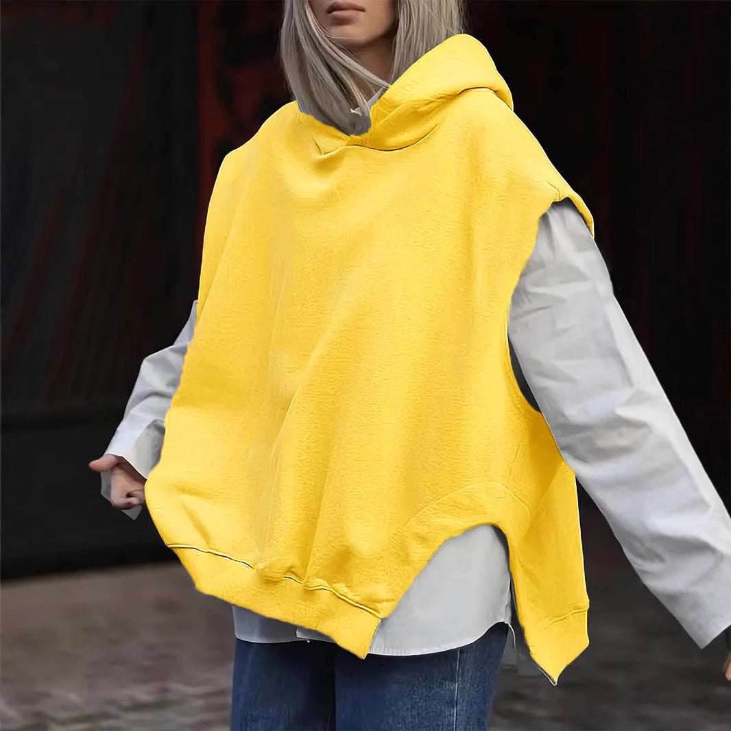 Women's Solid Color Style Loose Sleeveless Hooded Jacket Sweater - globaltradeleader