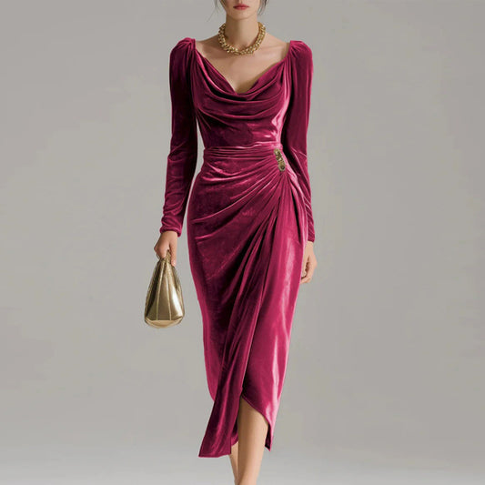 Long Sleeve Pleated Long Slit Velvet Sheath Dress - globaltradeleader