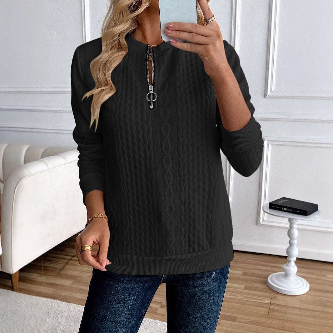 Women's Loose Casual Pullover Half Zipper Long Sleeve Solid Color Texture Round Neck Hoodie For Women - globaltradeleader