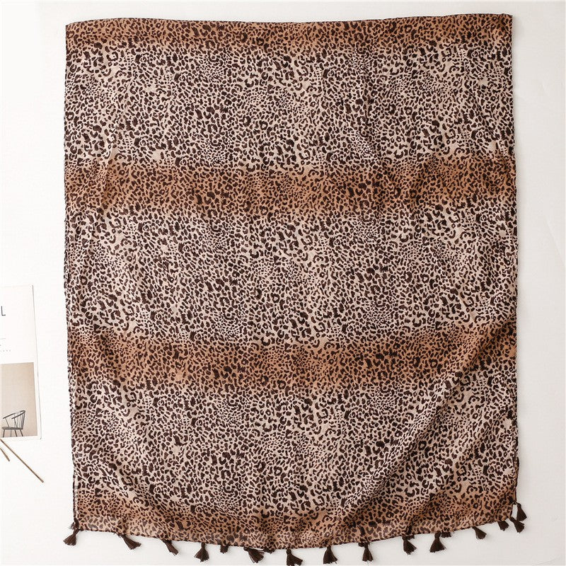 Fashion Large Leopard-print Personality Voile Silk Scarf Coffee Color Gradient Handmade Tassel Sun-proof