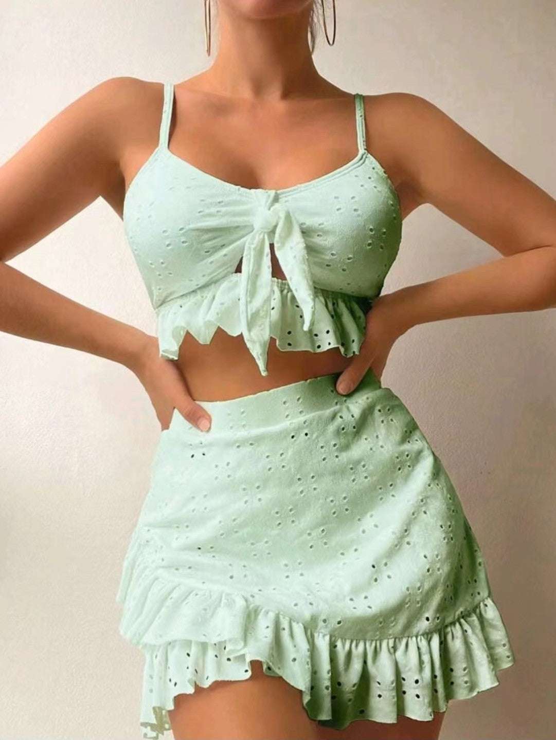 3pcs Beach Bikini With Hip-hugging Skirt Fashion Ruffle Design Swimsuit Set Summer Womens Clothing - globaltradeleader
