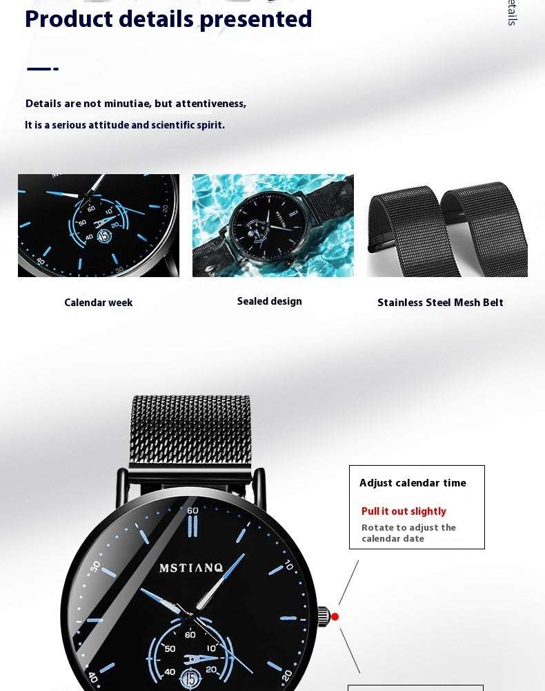 Trade Watch Stylish Black Technology Belt Refined Steel Korean Casual Calendar - globaltradeleader