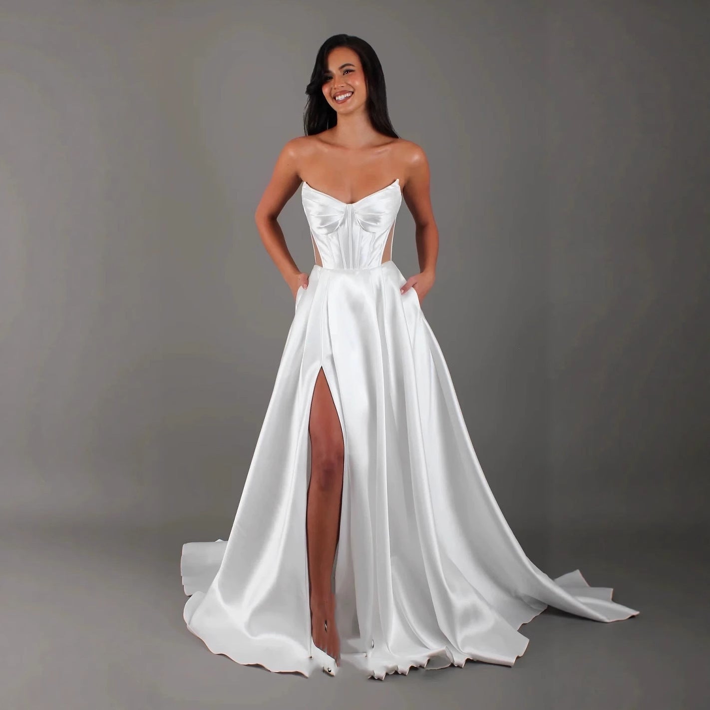 White Satin Slit Pocket Bandage Wedding Dress - globaltradeleader