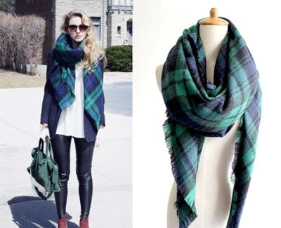 Green Plaid Neutral Acrylic Scarf