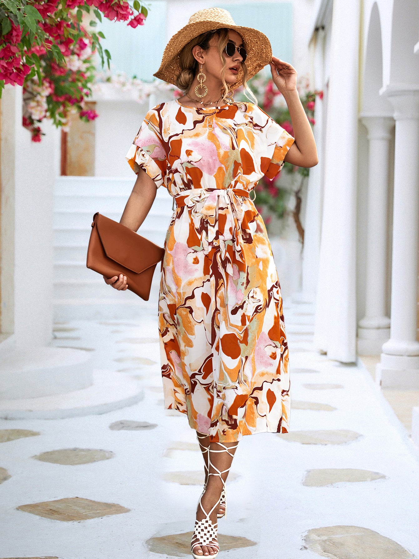 Summer Print Short-sleeved Dress Summer Loose Lace-up A-line Long Dresses Fashion Casual Holiday Beach Dress For Womens Clothing - globaltradeleader