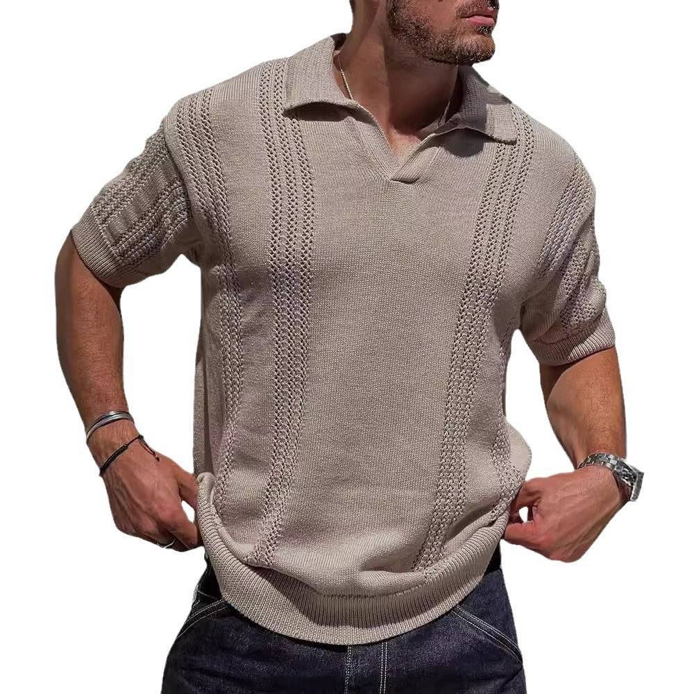 European And American Fashion Men's Knitted Polo Shirt Short Sleeve V-neck Hollow - globaltradeleader