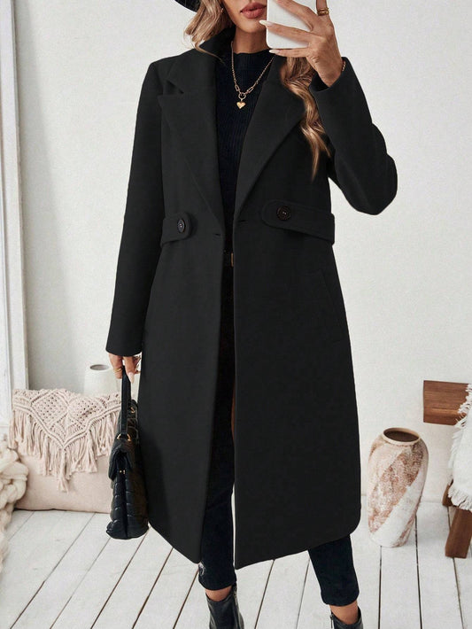 Flat Collar Solid Color Pocket With Belt Long Sleeve Autumn Winter Coat Jacket - globaltradeleader