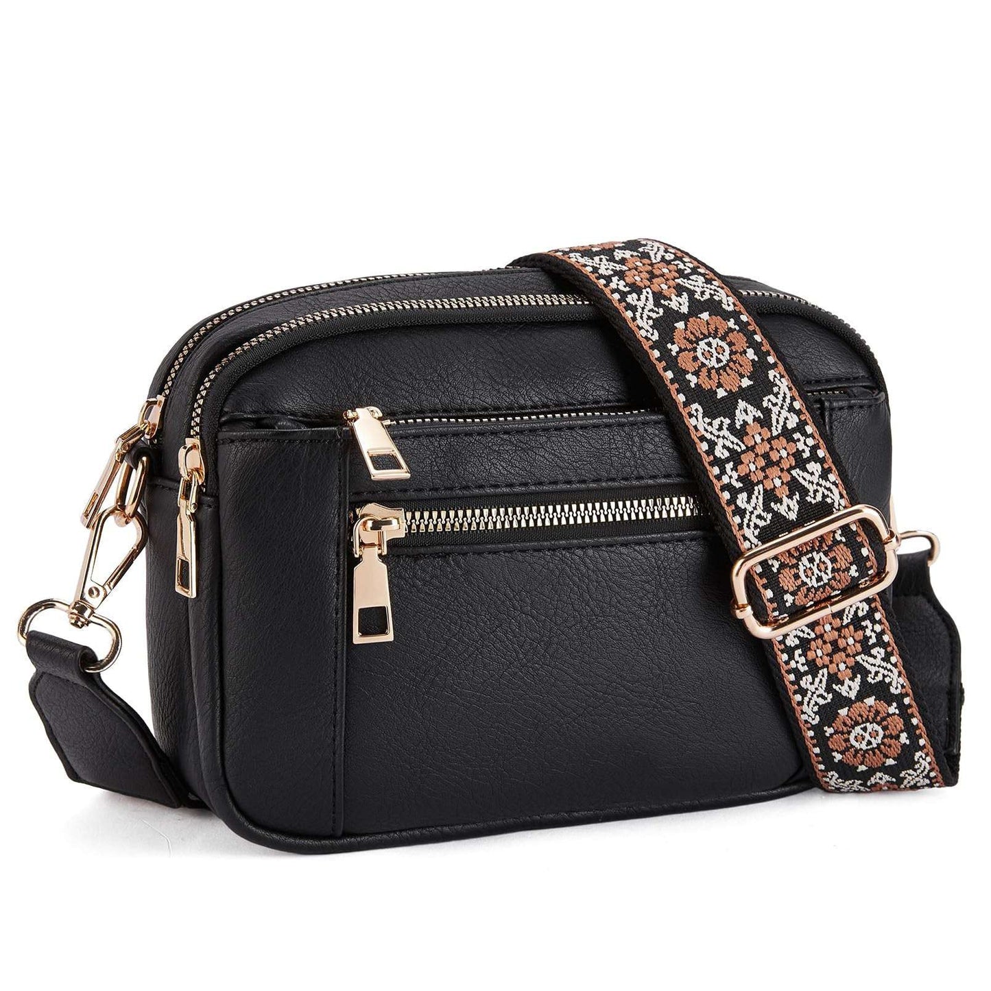 Triple-zipper Shoulder Bag With Floral Embroidered Straps Fashion Colorblock Multi-functional Crossbody Bags For Women - globaltradeleader