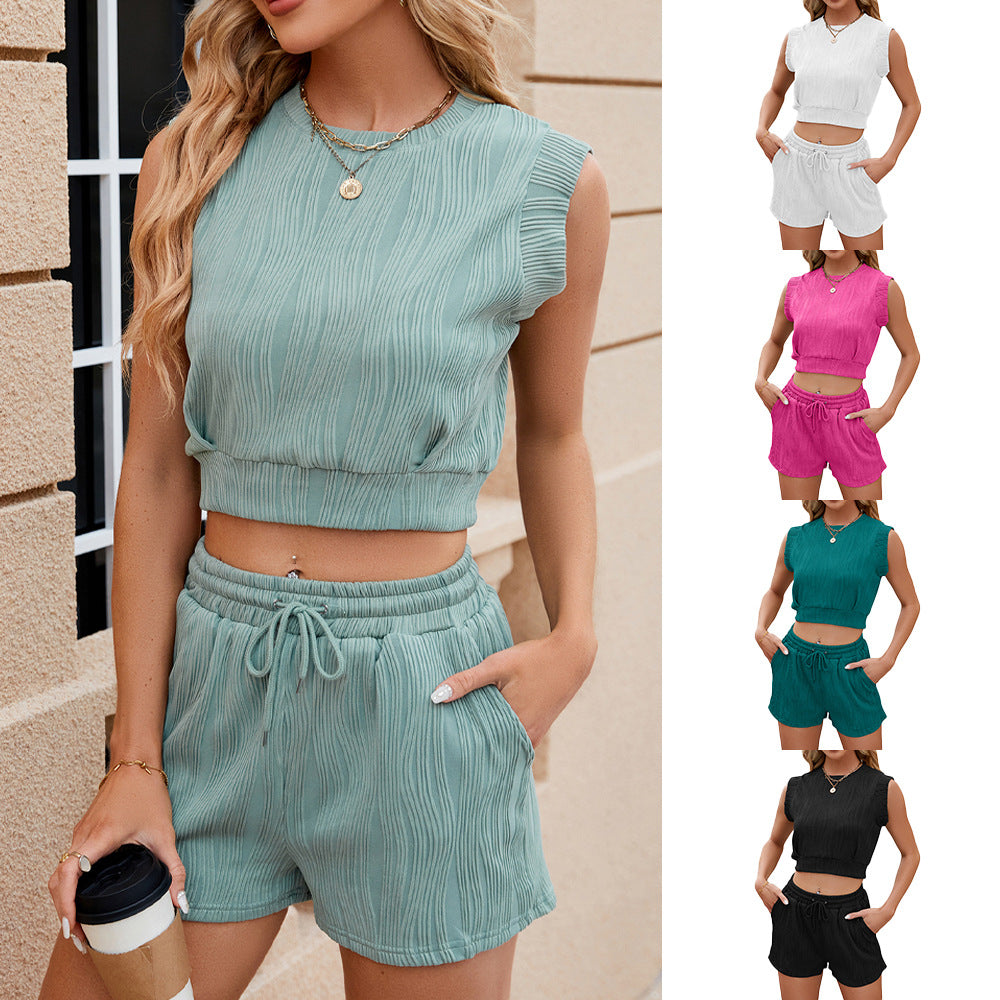 Solid Color Wave Pattern Design Suit For Women Casual Round Neck Sleeveless Top And Drawstring Design Shorts Fashion 2-piece Set Summer Clothing - globaltradeleader