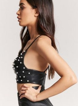 Simplee Pu leather pearl crop top women Strap backless camisoles tanks Summer style streetwear cropped sexy top female - globaltradeleader