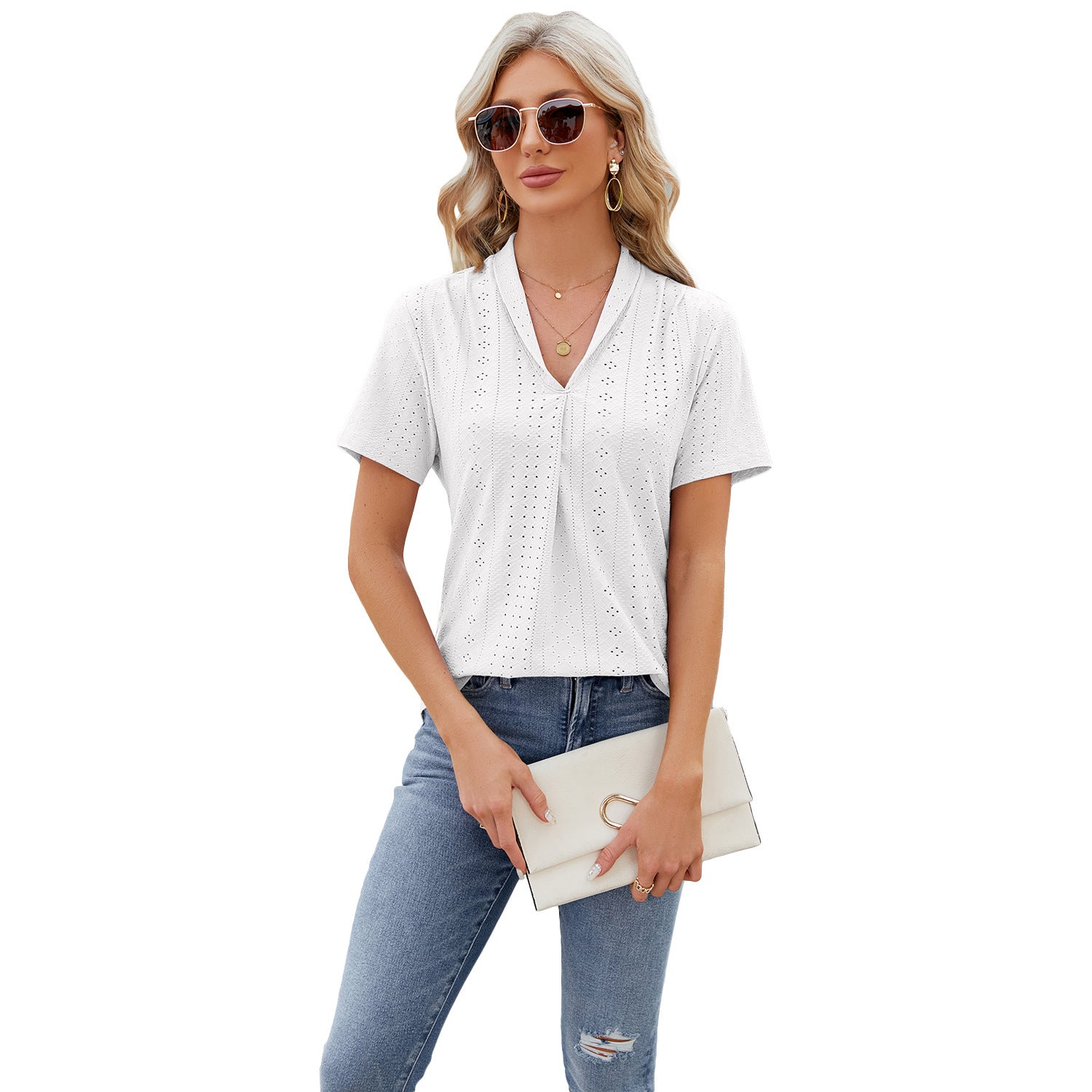 V-neck Hollow Design T-shirt Summer Loose Short-sleeved Top For Womens Clothing - globaltradeleader