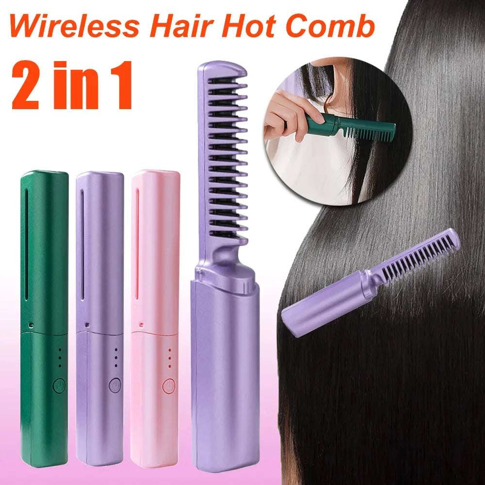 Professional Wireless Hair Straightener Curler Comb Fast Heating Negative Ion Straightening Curling Brush Hair Styling Tools - globaltradeleader
