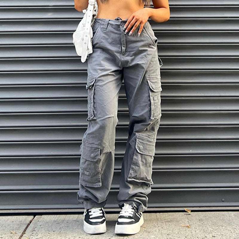 Multi-pocket Gray Straight Loose Jeans Look Slim For Women