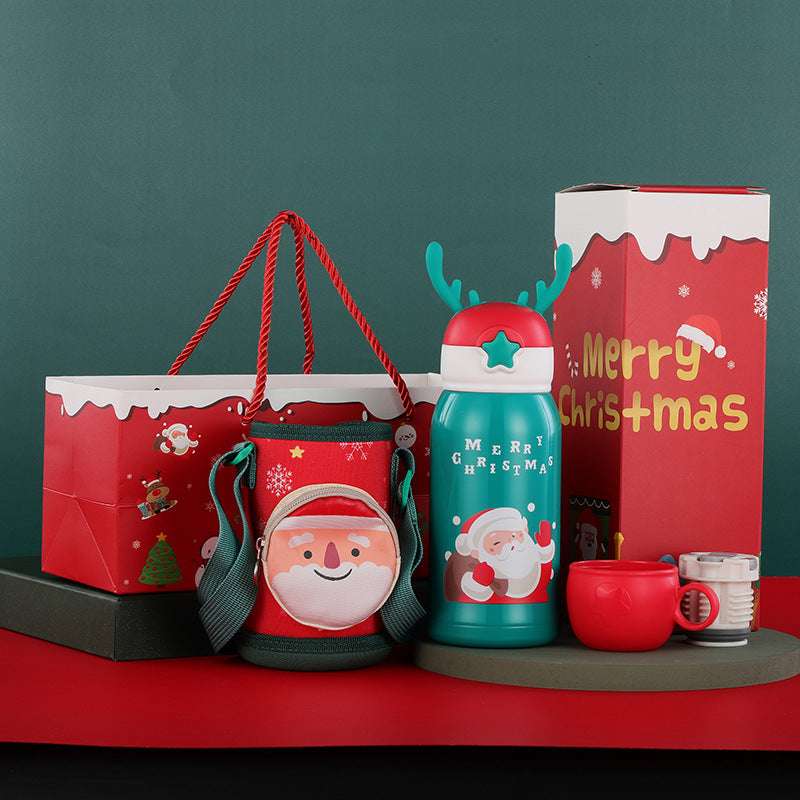 Christmas Gift Vacuum Flask Cartoon Elk Children With Cup Sleeve Bouncing Stainless Steel Double-layer Vacuum Flask