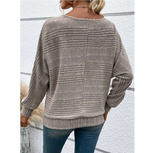 Solid Striped Batwing Sleeves T-shirt Fashion Casual Pullover Round Neck Long Sleeve Top Spring And Autumn Women's Clothing - globaltradeleader