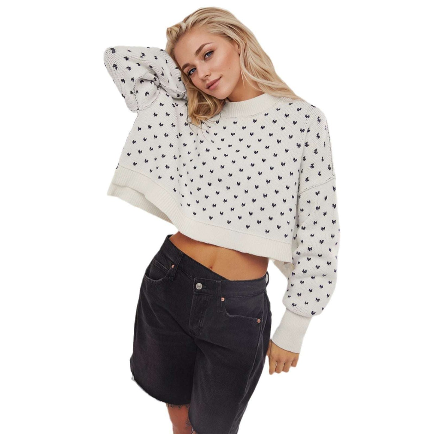 Women's Fashion Round Neck Sweater Short Loose Heart Pullover Sweater