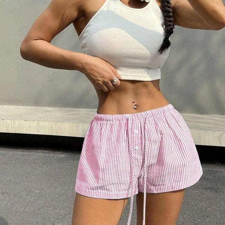 Fashionable Basic Striped Elastic Casual Shorts Home Loose Slimming - globaltradeleader