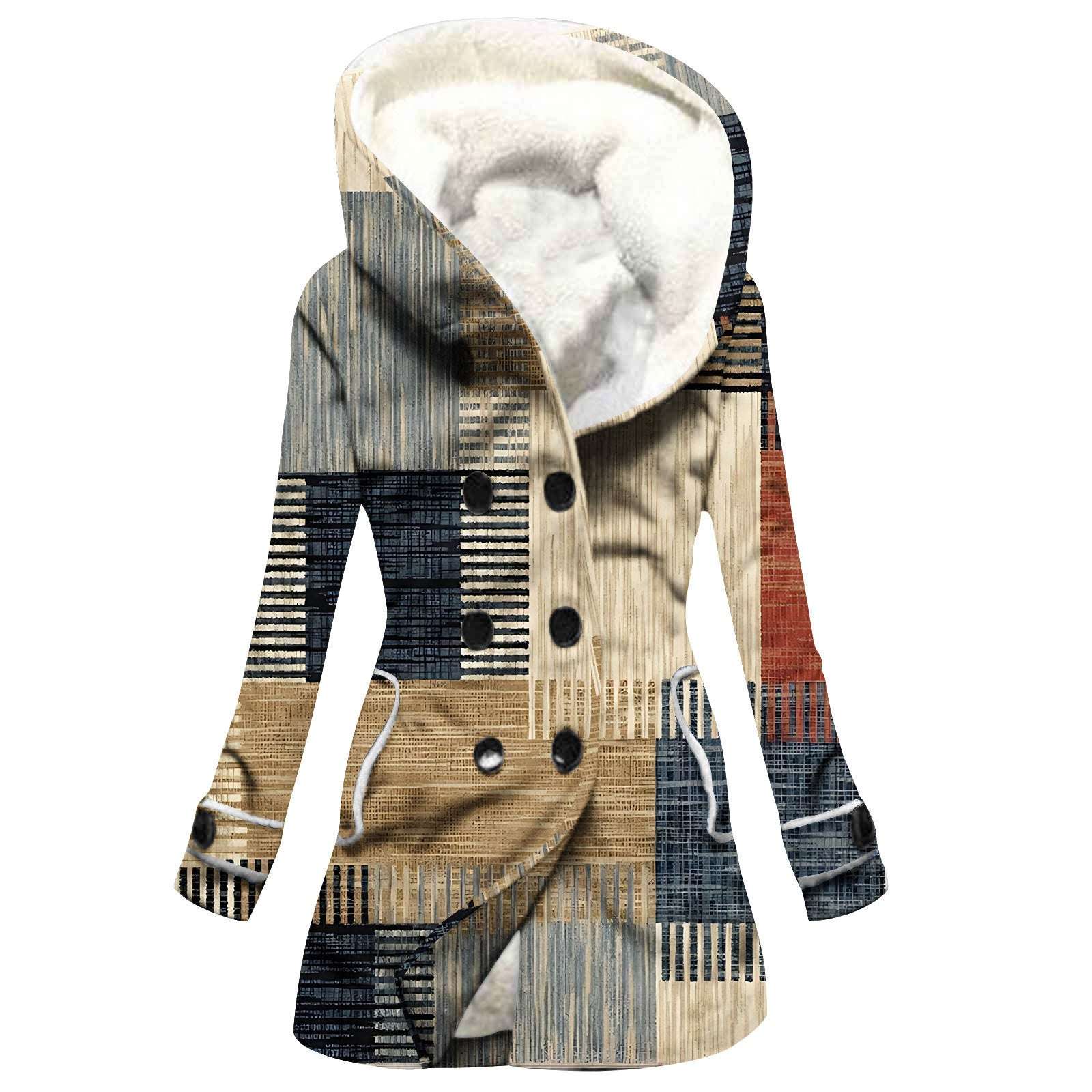 Women's Windbreaker Winter Thickened Imitation Lamb Stitching Floral Hooded - globaltradeleader