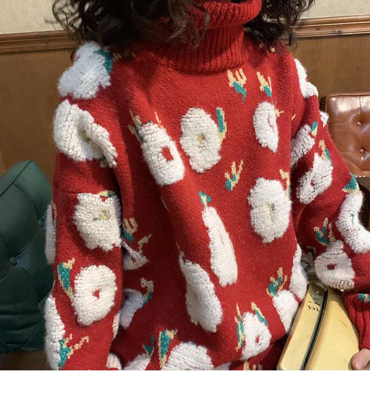 Women's High Neck Long Sleeve Christmas Knitted Pullover Sweater - globaltradeleader