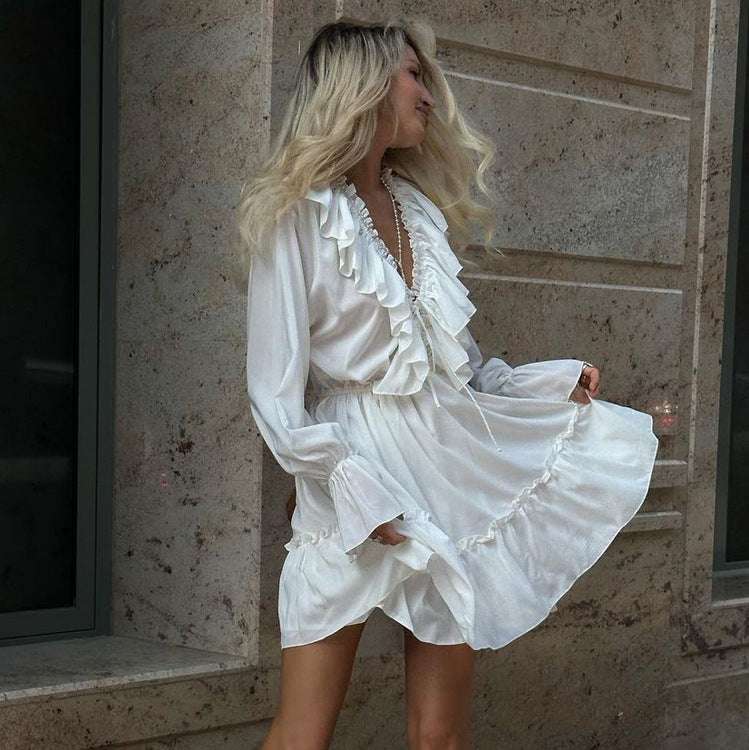 Fashion V Neck Pleated Ruffle Long Sleeve Dress Y2K V Neck Flared Sleeve Short Dress Women's Clothing - globaltradeleader