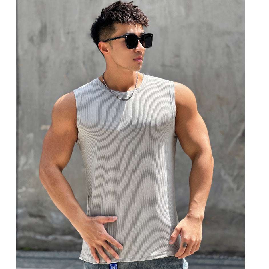 Summer Workout Vest Exercise Sleeveless Round Neck Striped Quick-drying Breathable Basketball Running Training Clothing Men - globaltradeleader