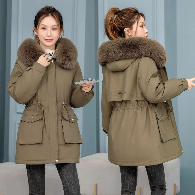 Waist Slimming Elegant Parka Cotton-padded Coat Fur Collar Western Style Velvet Lining Warm Coat - globaltradeleader