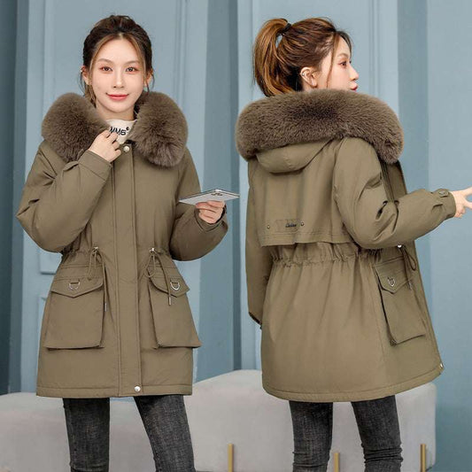 Waist Slimming Elegant Parka Cotton-padded Coat Fur Collar Western Style Velvet Lining Warm Coat - globaltradeleader