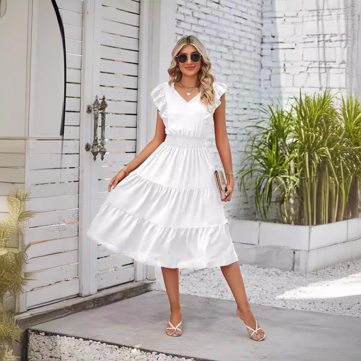 New Ruffled Sleeveless V-Neck Dress Summer Fashion Elastic Waist A-Line Dresses For Womens Clothing - globaltradeleader