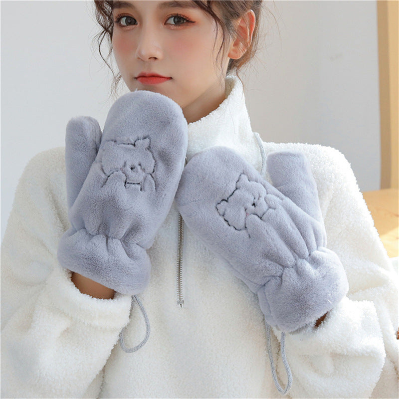 Winter Warm Cartoon Bear Cold Protection Fleece Thick Cotton Wool Gloves