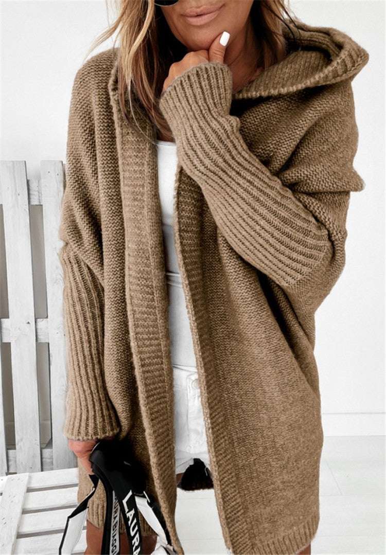 Fashion Bat Sleeve Hooded Cardigan Oversized Loose Temperament Solid Color Sweater Womens Clothing - globaltradeleader