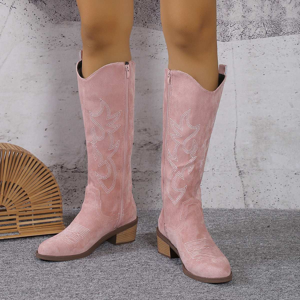 Women's Retro Pointed Toe Chunky Heel Solid Color Side Zipper Mid-calf Cowboy Boot - globaltradeleader