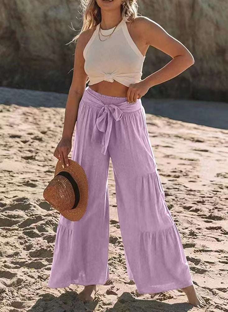 Women's Fashion Tie Stitching High Waist Crimp Casual Loose Pants - globaltradeleader