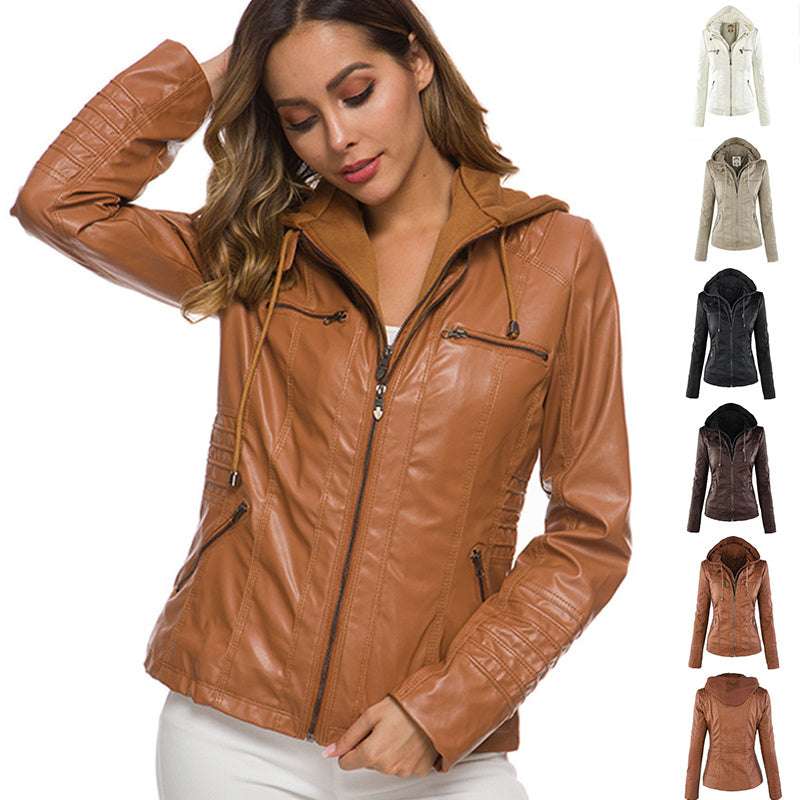 Fashion Detachable Hooded Jacket With Pockets Casual Solid Color Zipper Long Sleeve Leather Coat Autumn Winter Women's Clothing - globaltradeleader