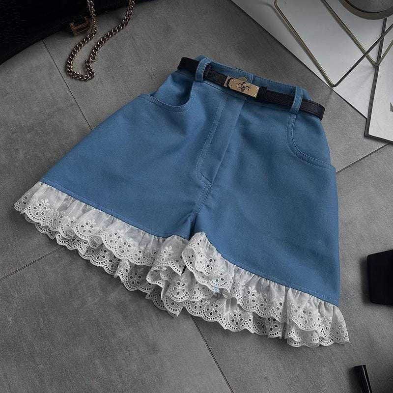 Women's High Waist Lace Stitching Shorts - globaltradeleader
