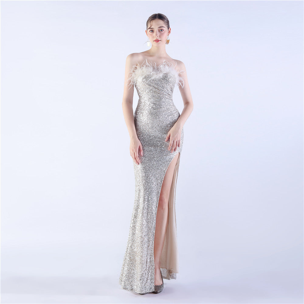Ostrich Feather Shrink Folding Wrinkle Craft Host High-end Evening Dress - globaltradeleader