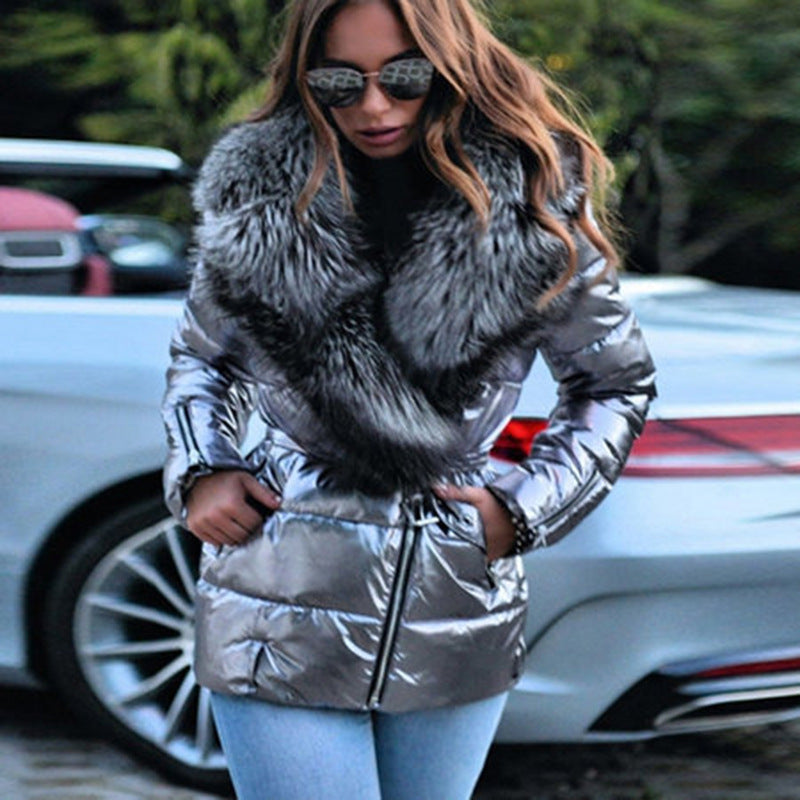 Fashion Winter Cotton Jacket With Big Fur Turndown Collar Silver Black Waterproof Lace Up Coat - globaltradeleader