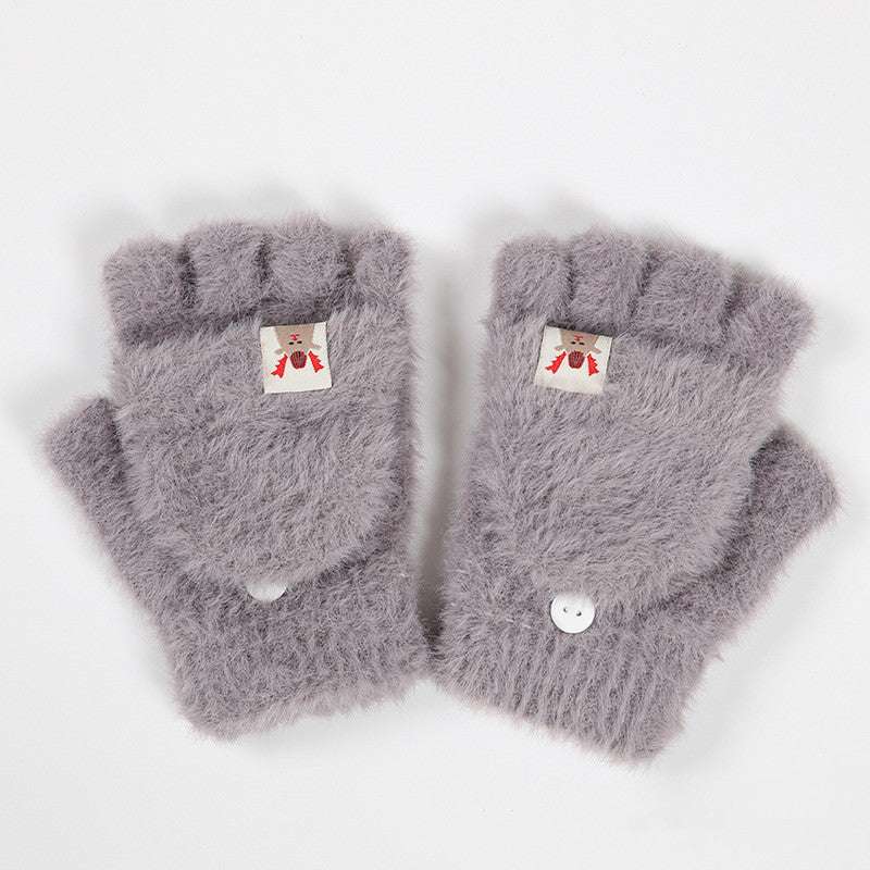Plush Winter Half Finger Flap Warm Thickened Mink Like Knitting Gloves - globaltradeleader