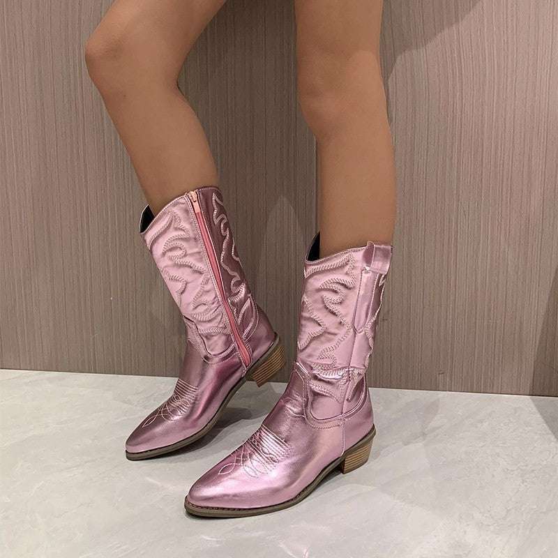 Chunky Heel Pointed Toe Western Boots Fashion Mid-tube Solid Knight Boot Autumn And Winter Shoes For Women - globaltradeleader