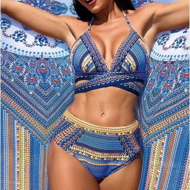 Women's Split Cross Strap Retro Ethnic Style Swimsuit - globaltradeleader