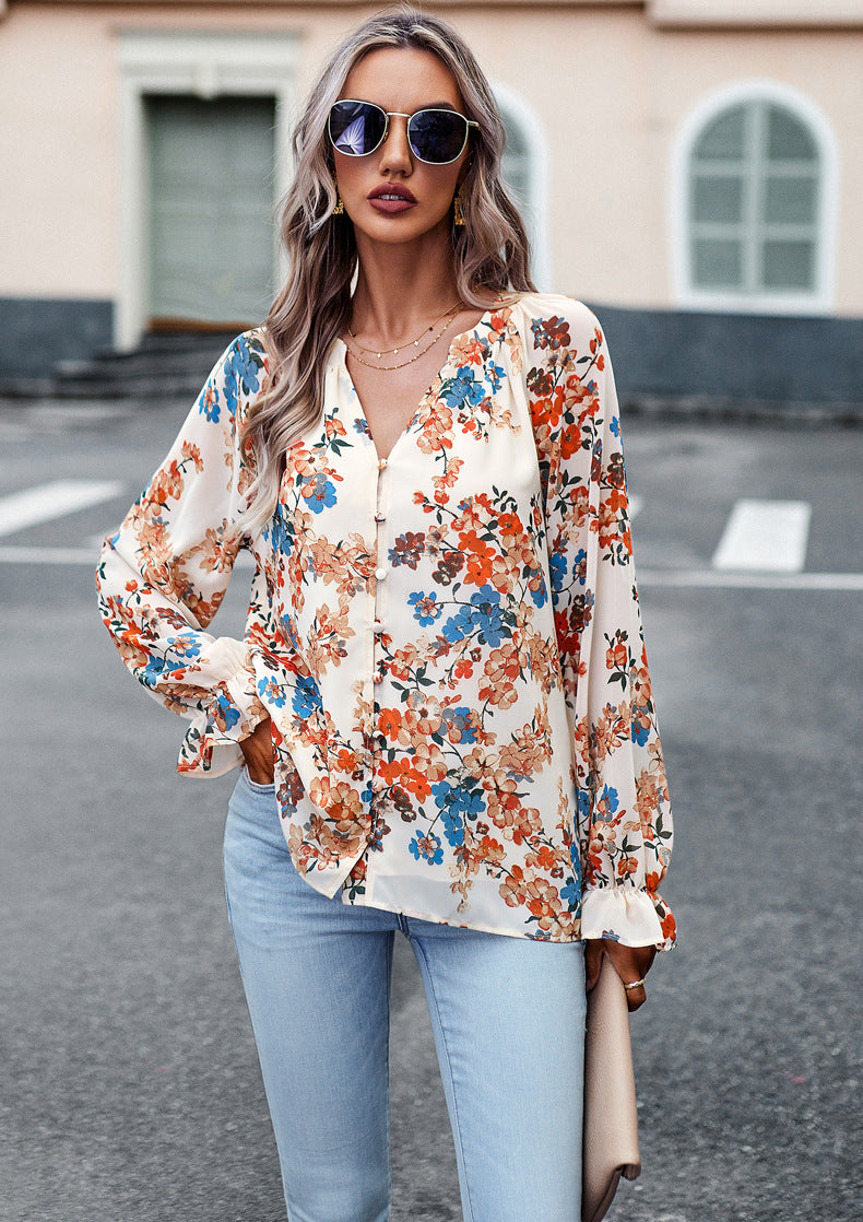 Women's Tops Casual Floral Print V Neck Long Sleeve Shirts Loose Chiffon Blouses Shirts Tops - globaltradeleader