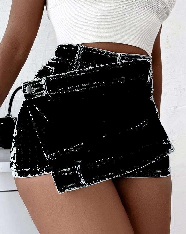 Street Vintage Denim Shorts Stretch Overlap Waist Wrap Solid Asymmetrical Hem A-Line Skinny Mini Skorts Skirt - globaltradeleader