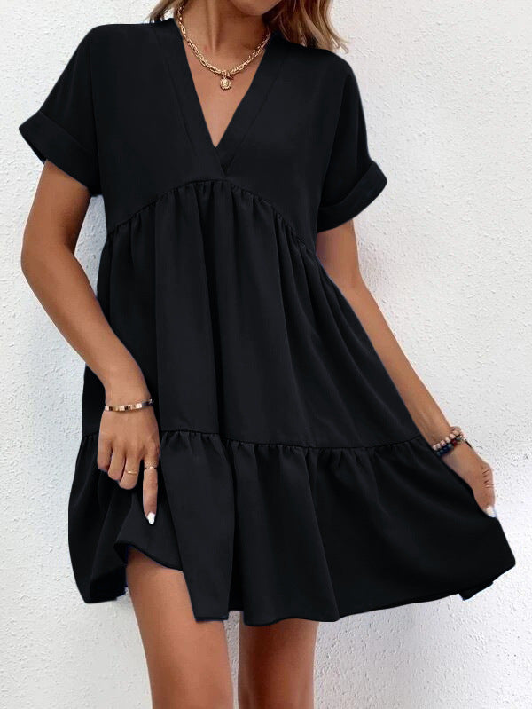 New Short-sleeved V-neck Dress Summer Casual Sweet Ruffled Dresses Solid Color Holiday Beach Dress For Womens Clothing - globaltradeleader