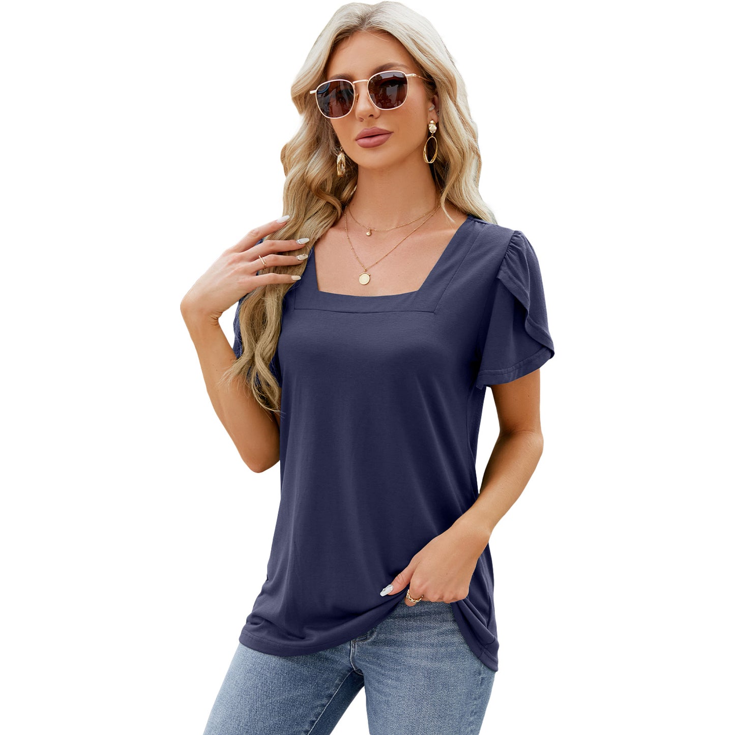 Summer Top Fashion Square Neck Printed Short-sleeved T-shirt With Petal Sleeve Design Bohemian Beach Loose T-shirt For Womens Clothing - globaltradeleader