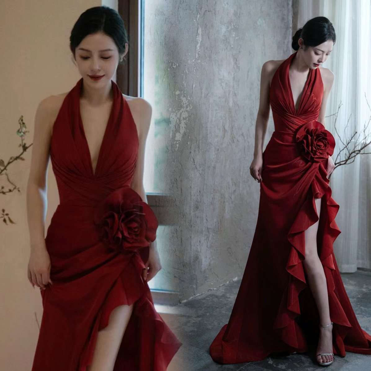 Socialite Style Wine Red Elegant Halter Bride Wedding Toast Dress - globaltradeleader