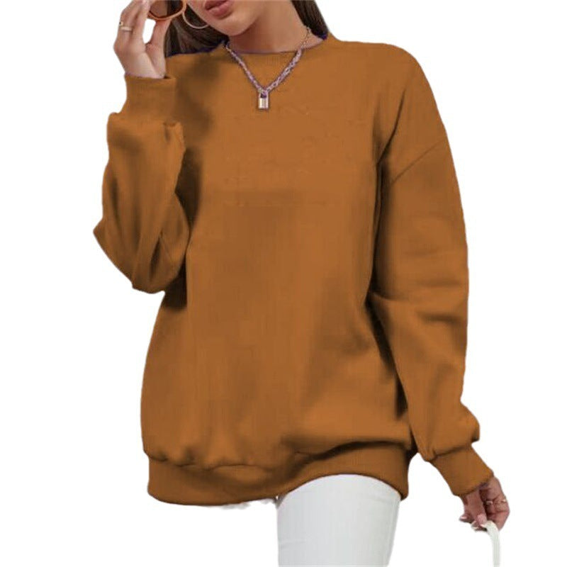 Fleece-lined Thick Round Neck Loose-fitting Solid Color Long Sleeves Sweater - globaltradeleader