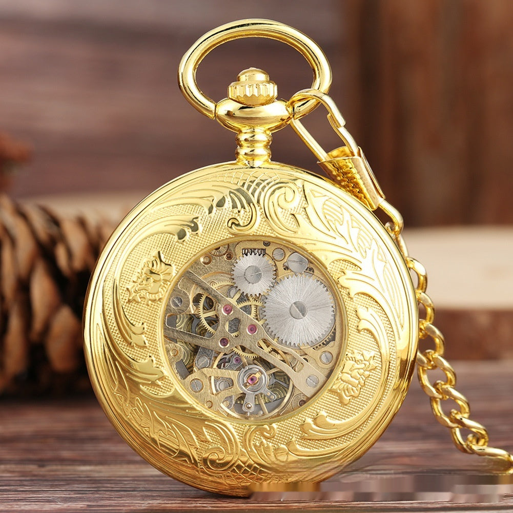 Flip Necklace Gold Double-sided Carved Shield Manual Manipulator Pocket Watch - globaltradeleader