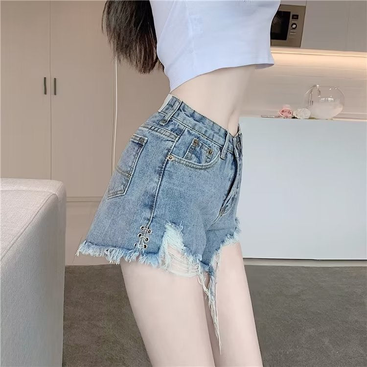 Micro Elastic High Waist Slimming Holes Frayed Vintage Denim Shorts - globaltradeleader