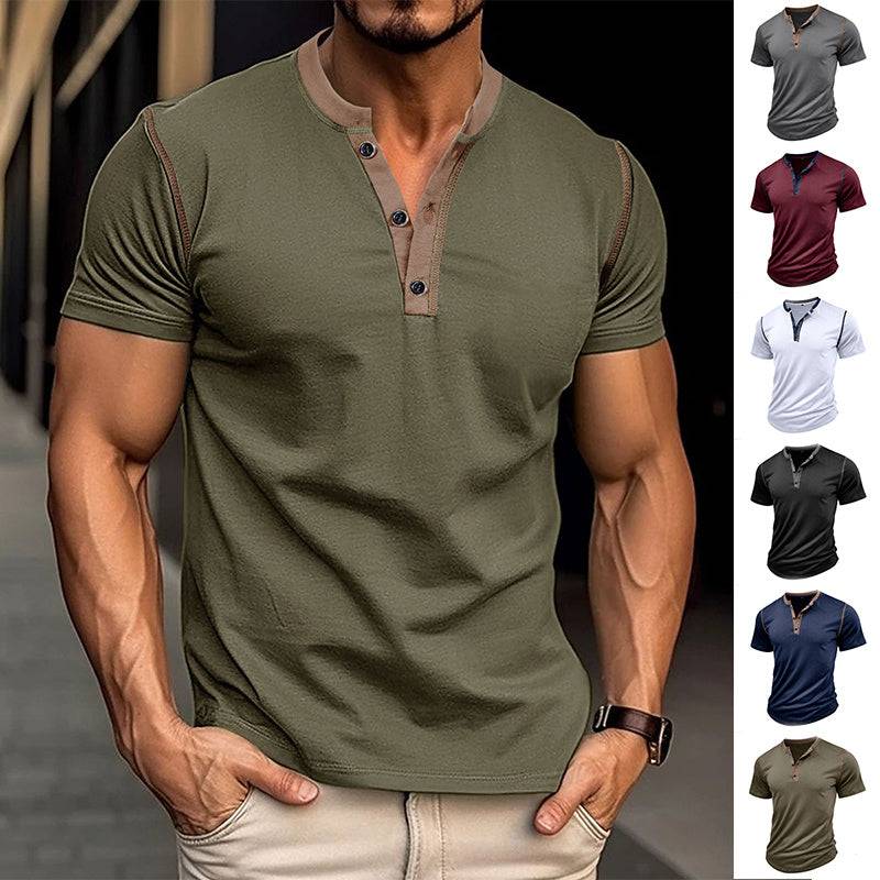Fashion Short-sleeved Polo Shirt Summer Button V-neck T-shirt Tops Mens Clothing - globaltradeleader