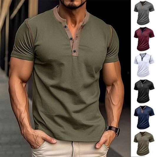 Fashion Short-sleeved Polo Shirt Summer Button V-neck T-shirt Tops Mens Clothing - globaltradeleader