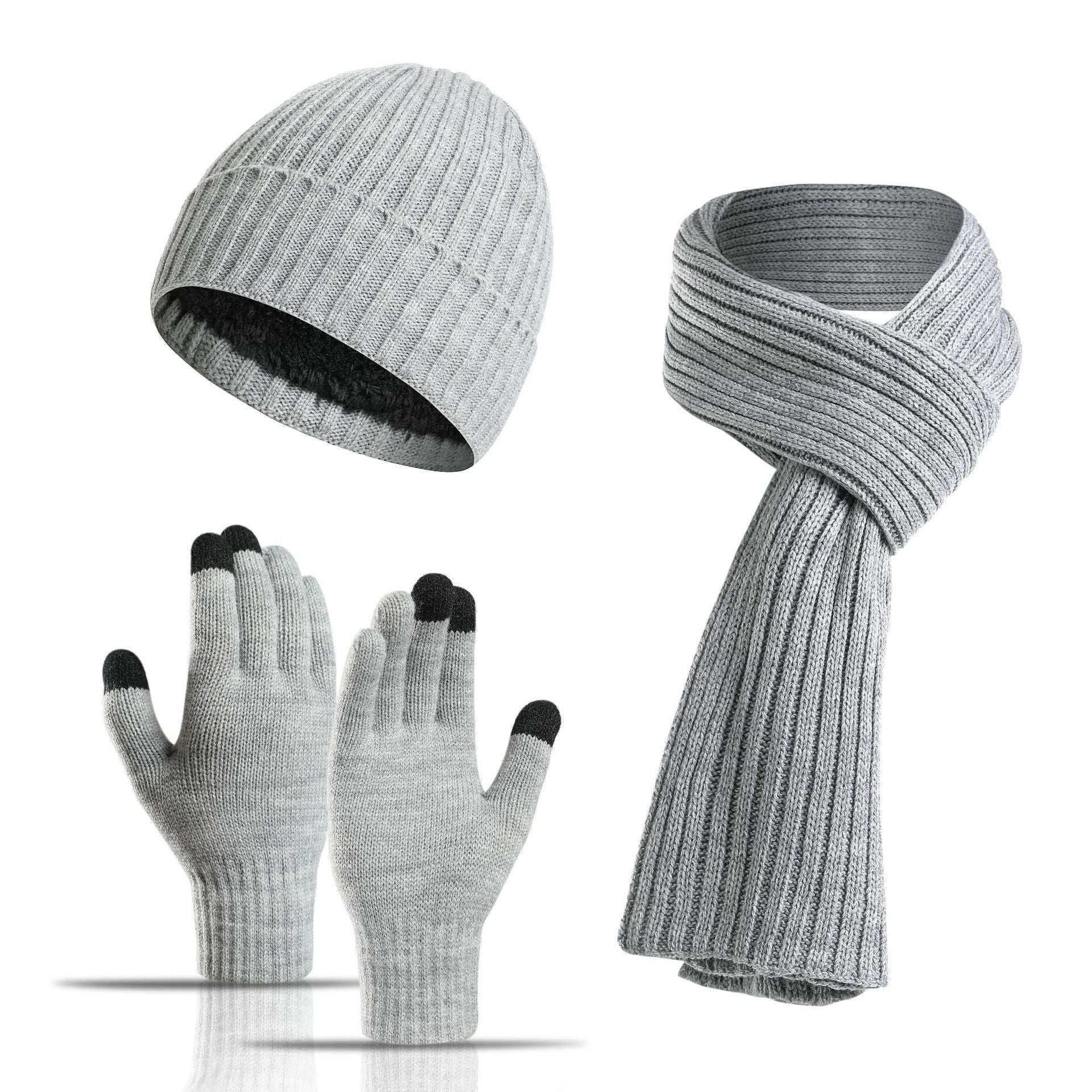 Winter Solid Color Scarf Hat Gloves Knitted Three-piece Suit - globaltradeleader